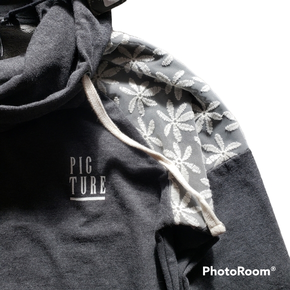 Picture Organic Pullover w/ Lace accents Grey Cowl Neck with Hoodie Size Medium - Picture 2 of 9